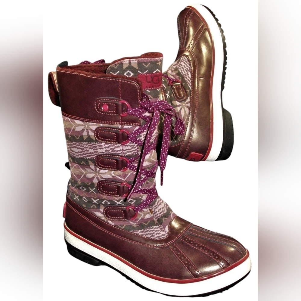 UGG Baroness women's plum leather lace-up mid-calf fair isle duck boots